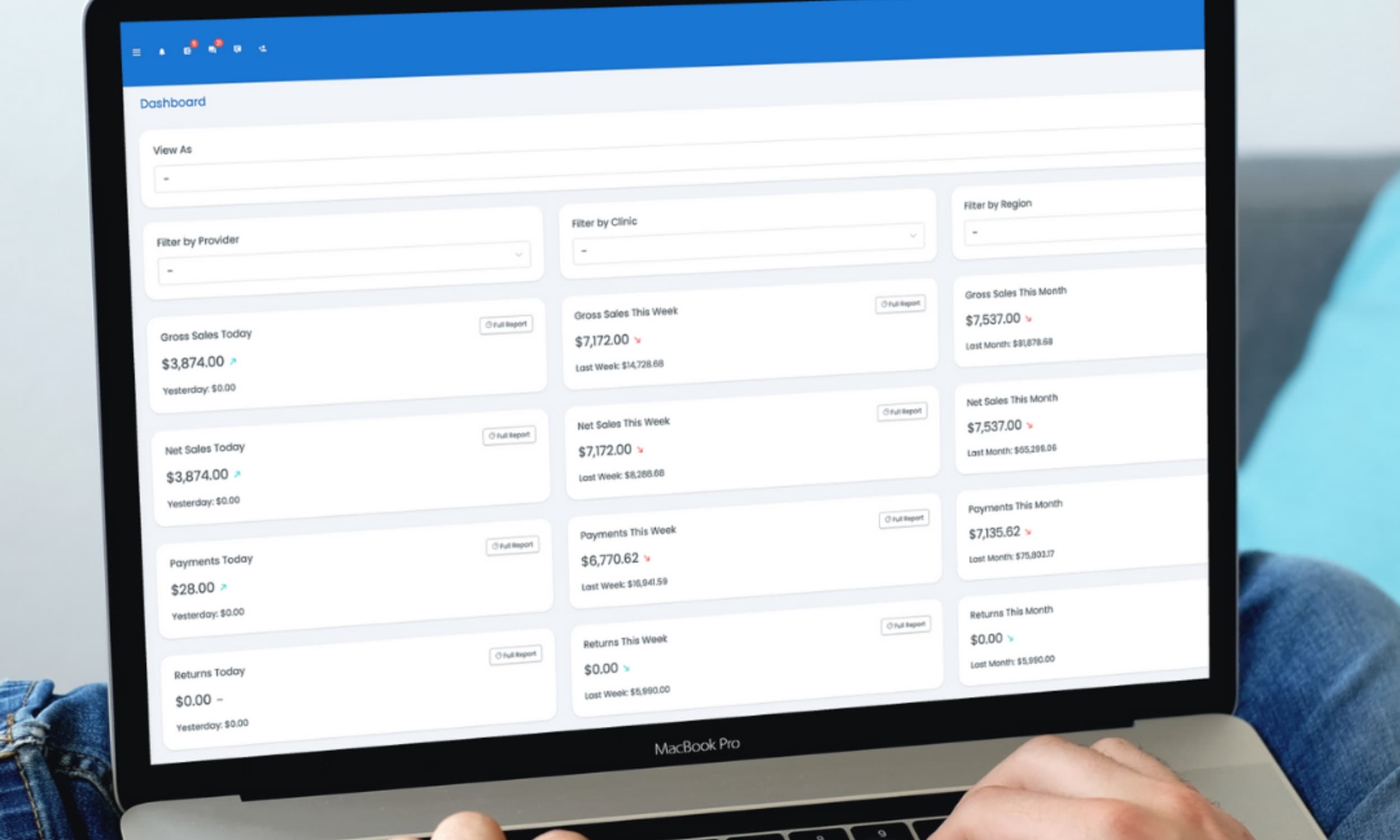 The amplifyOMS dashboard on a laptop, showing gross and net sales, payments, and returns by day, week, and month, filtered by provider, clinic, and region.