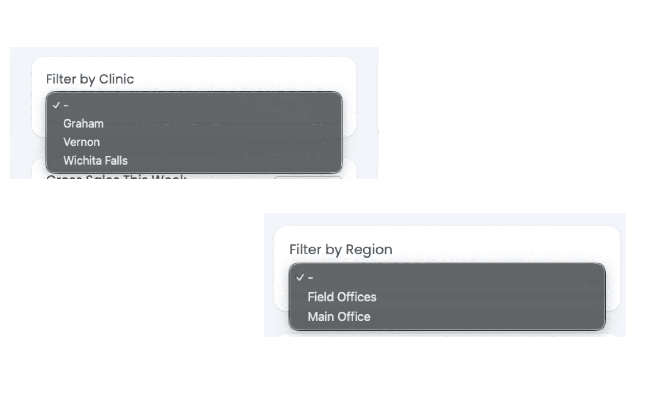 amplifyOMS location filters narrowing dashboards and reports by clinic (Graham, Vernon, Wichita Falls) and by region.