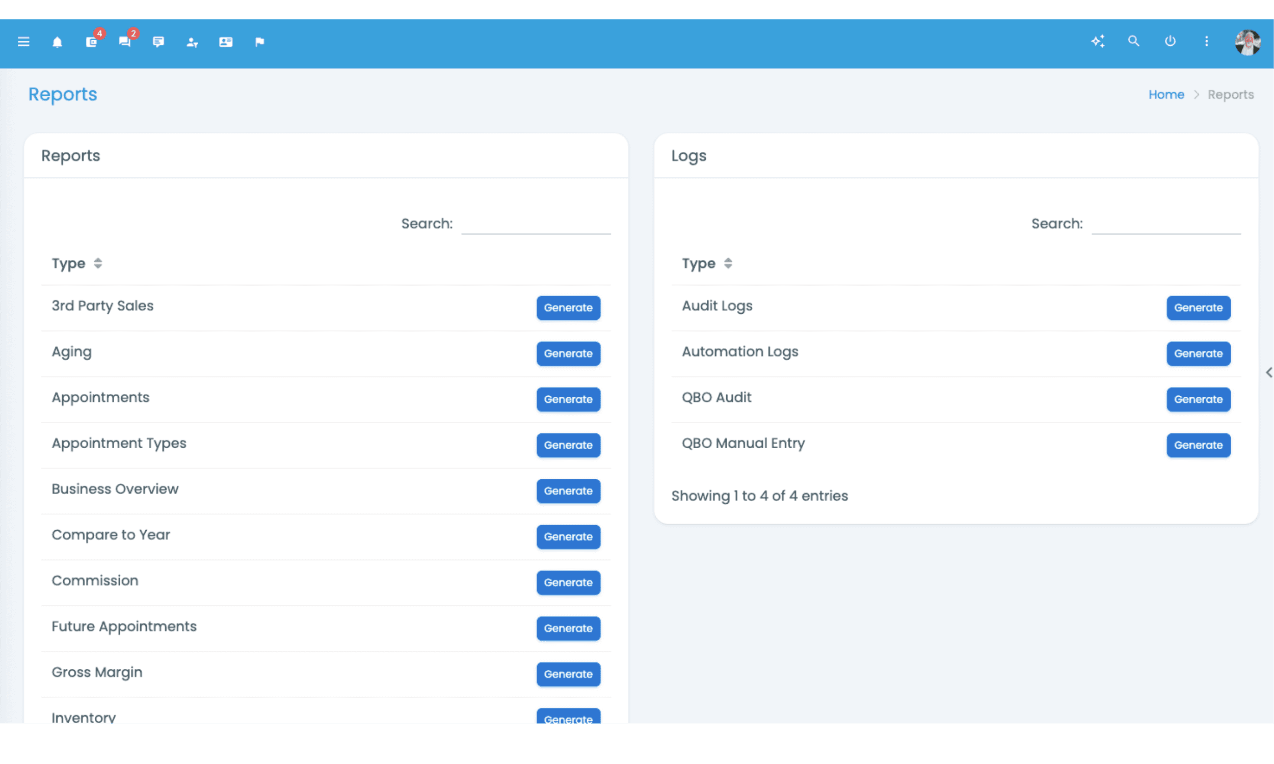 The amplifyOMS Reports screen, listing report types such as Compare to Year, Commission, and Gross Margin alongside audit and QuickBooks logs.